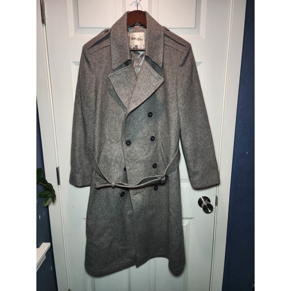 Vintage 80s Oak Tree Mens Grey Double Breasted Trench Coat Wool Overcoat 40 USA